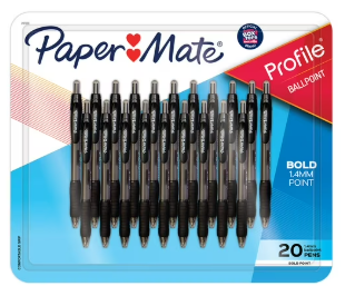 Paper Mate Ballpoint Pen, Profile Retractable Pen, Bold Point 1.4mm, Black, 20 Count