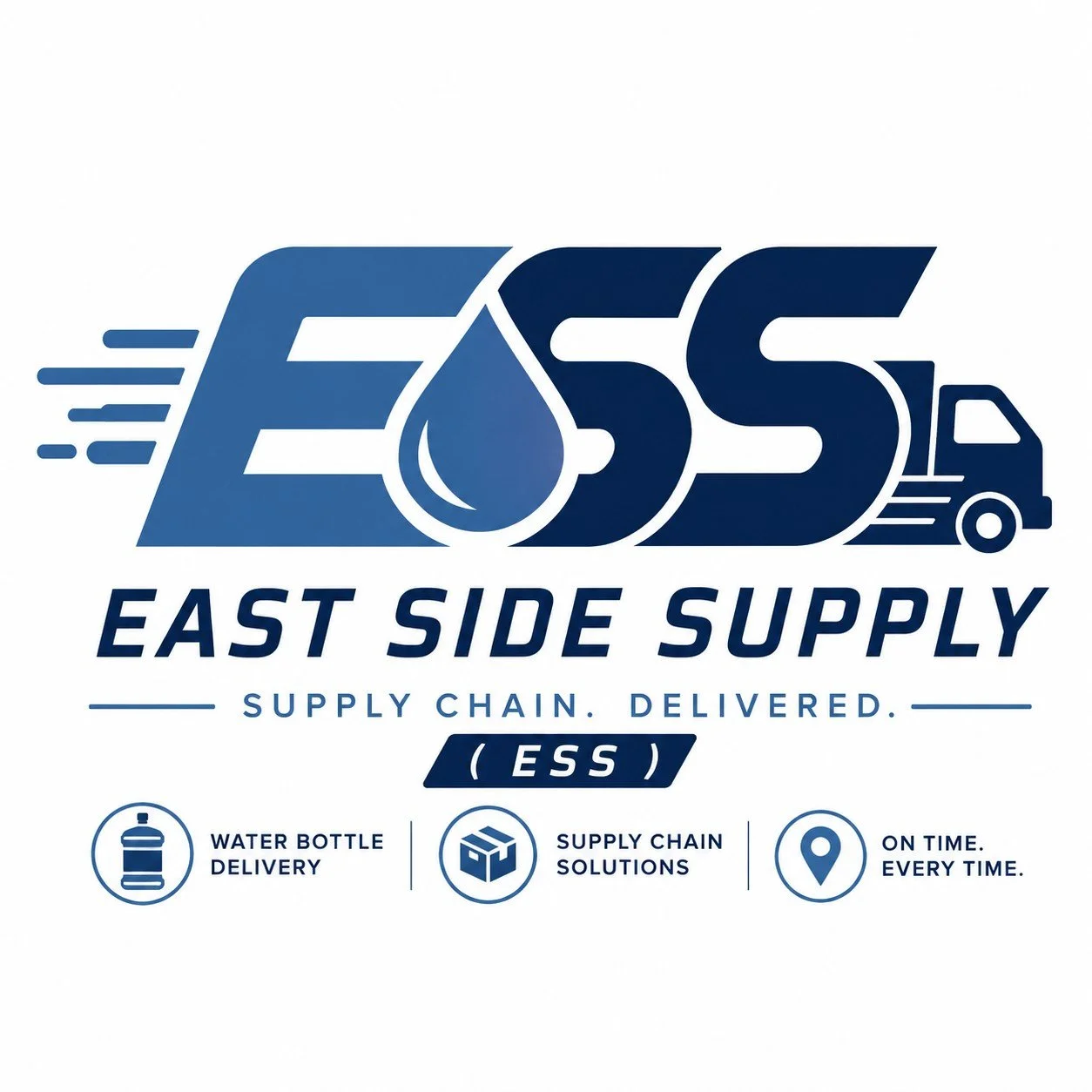 Logo for East Side Supply showing a stylized delivery truck with a water drop and the words 'EASS East Side Supply' and 'Supply Chain. Delivered.' below, along with icons for water bottle delivery, supply chain solutions, and on-time delivery.