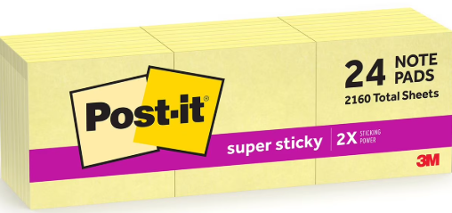 Post-it Super Sticky Notes, Canary Yellow, 3 in. x 3 in., 24 Pads