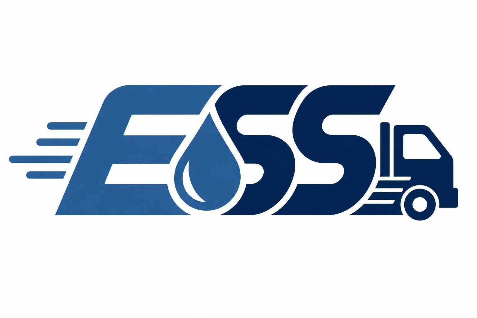 Logo with the word 'ESS' in blue, with a stylized water droplet integrated into the design, blue lines indicating speed or movement, and a small vehicle silhouette on the right.