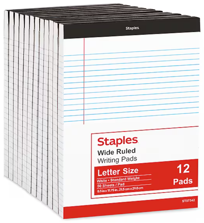 STAPLES Legal Pads, 8.5 x 11, Wide Ruled, Perforated, 50 Sheets/Pad, 12 Pack