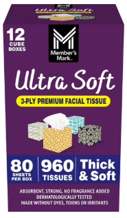 Member's Mark Ultra Soft 3-Ply Facial Tissues, 12 Cube Boxes, 80 tissues/box