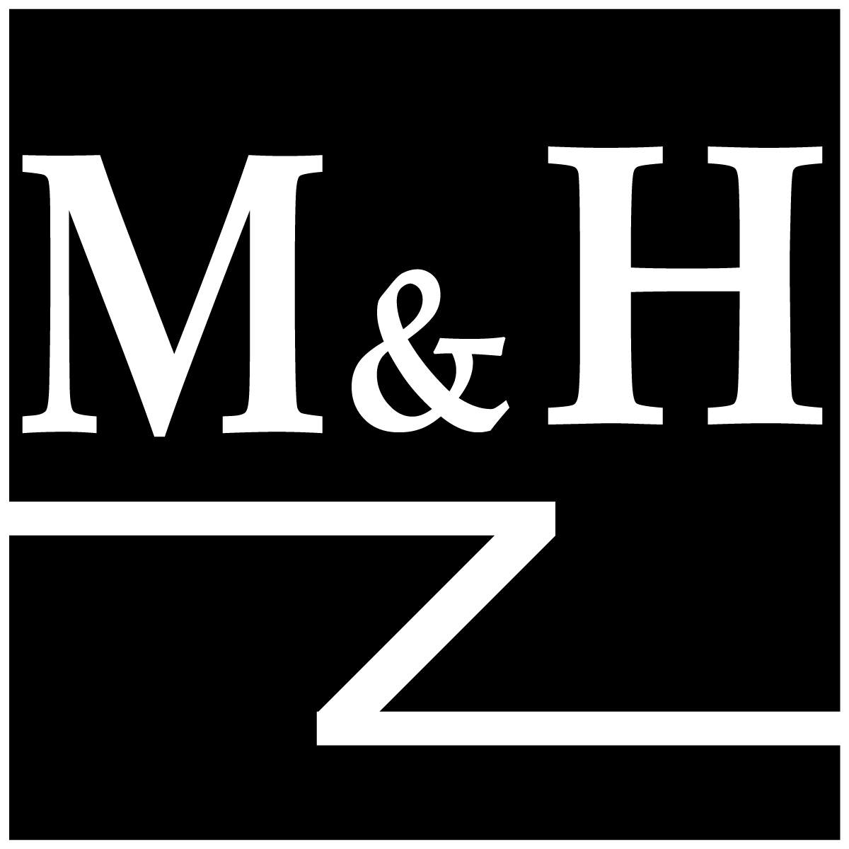 Black background with large white text that says "M&H" and a stylized large white letter "Z" underneath.
