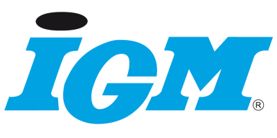 Logo of IGM in blue with a black oval above the 'i'.