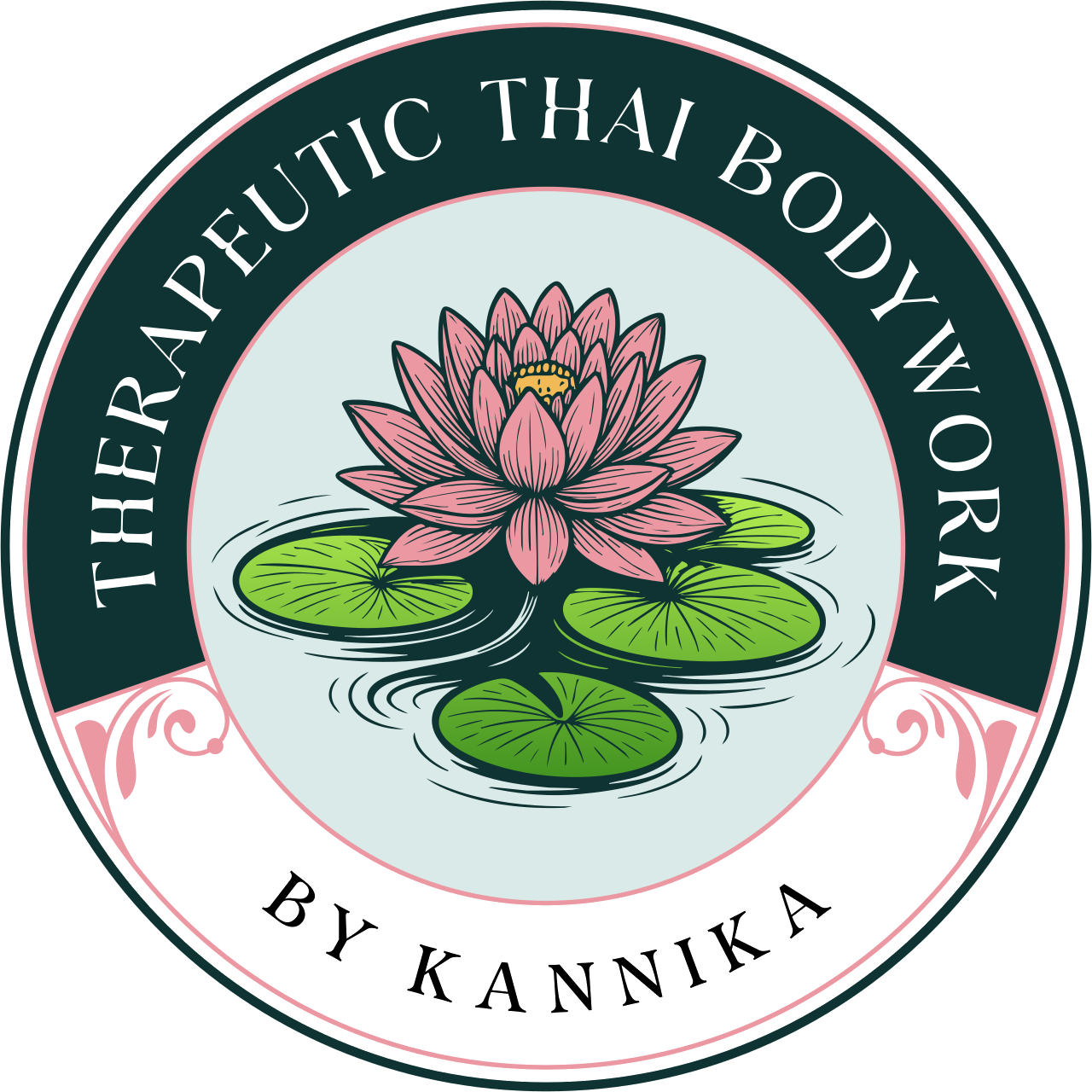 Logo with a pink water lily and green lily pads in water, surrounded by a circular black and pink border, with the text "THERAPEUTIC THAI BODYWORK BY KANNIKA".