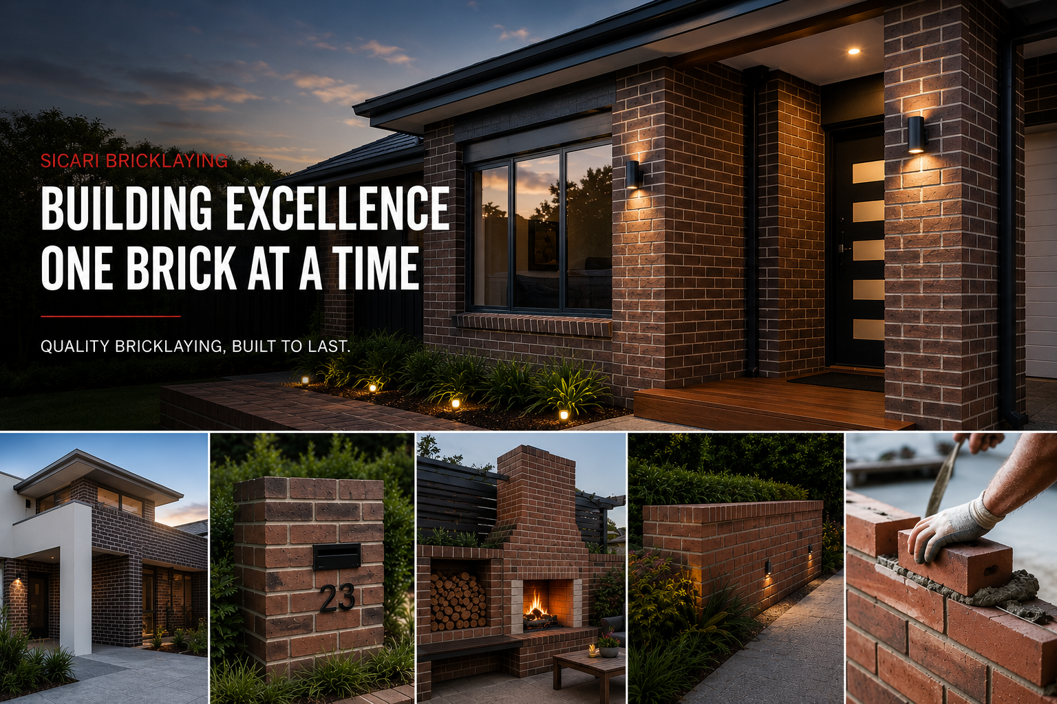 A collage of brickwork and bricklaying scenes, including a modern brick house, a close-up of a brick wall with house number 23, an outdoor fireplace, a brick wall with lights, and a worker laying bricks for a wall.