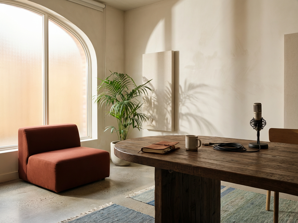 A cozy room with a large window, a red upholstered chair, a potted plant, a round wooden table with a notebook, mug, microphone, and cables, and neutral-colored walls with abstract art.