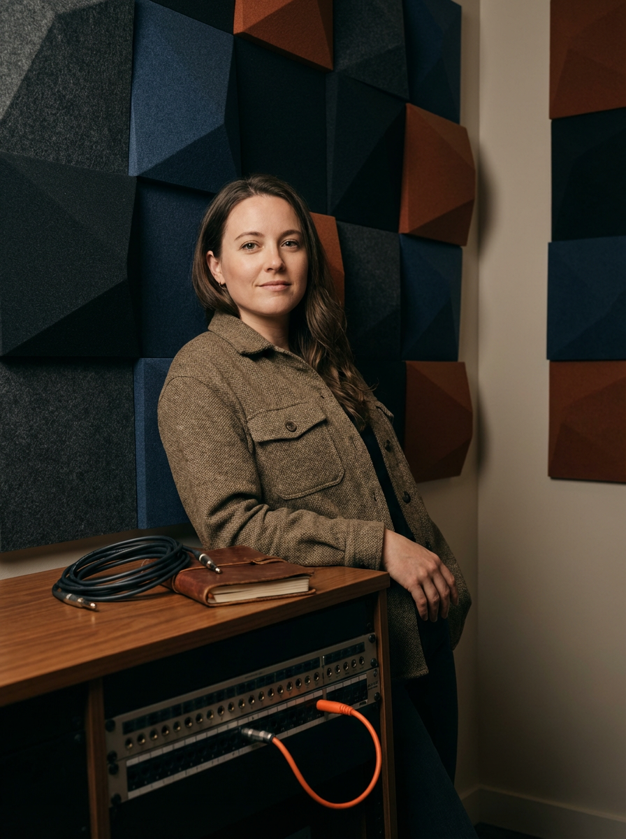 A woman with long brown hair wearing a brown jacket standing in a recording studio. She is leaning against a wooden console with a notebook, coiled cable, and audio equipment. The studio has soundproof acoustic panels on the wall in shades of black, navy, and rust.
