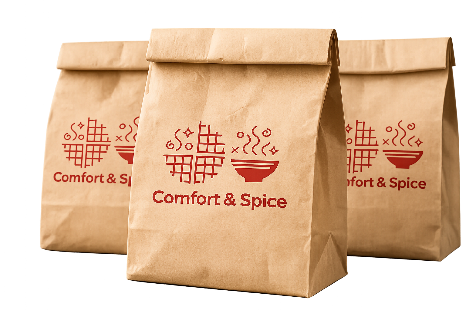Three brown paper bags with red logos and text saying "Comfort & Spice," featuring a cooking pot and lattice-patterned squares.
