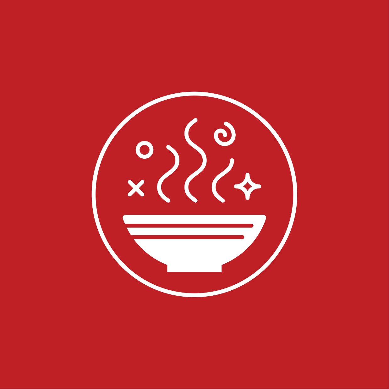 Icon of a bowl of hot food with steam rising, on a red background.