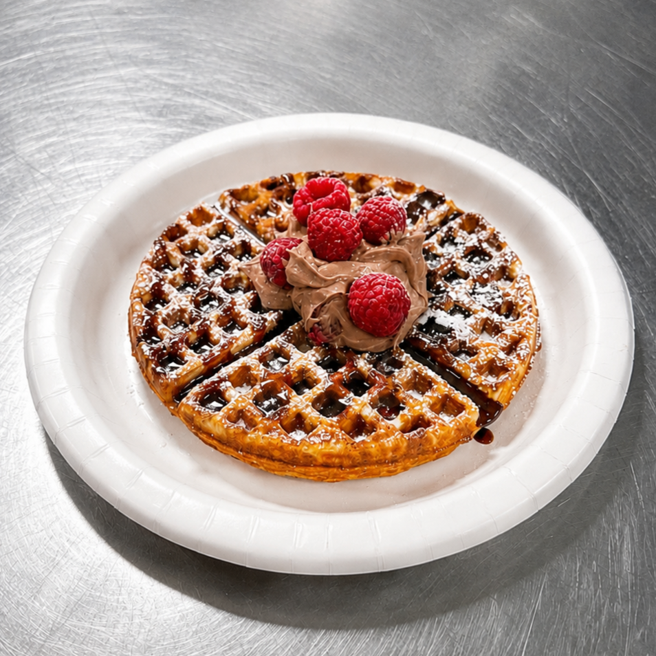 A waffle topped with chocolate spread, fresh raspberries, and chocolate syrup on a white disposable plate.