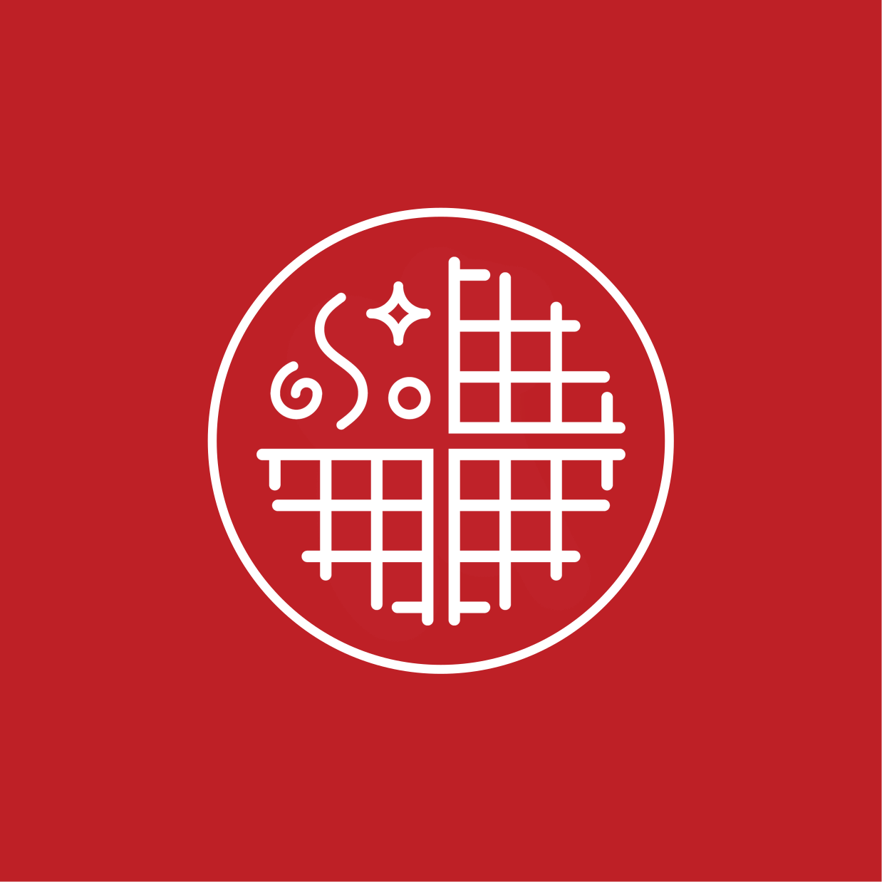 Red background with a white circular design featuring abstract line art and sparkles.
