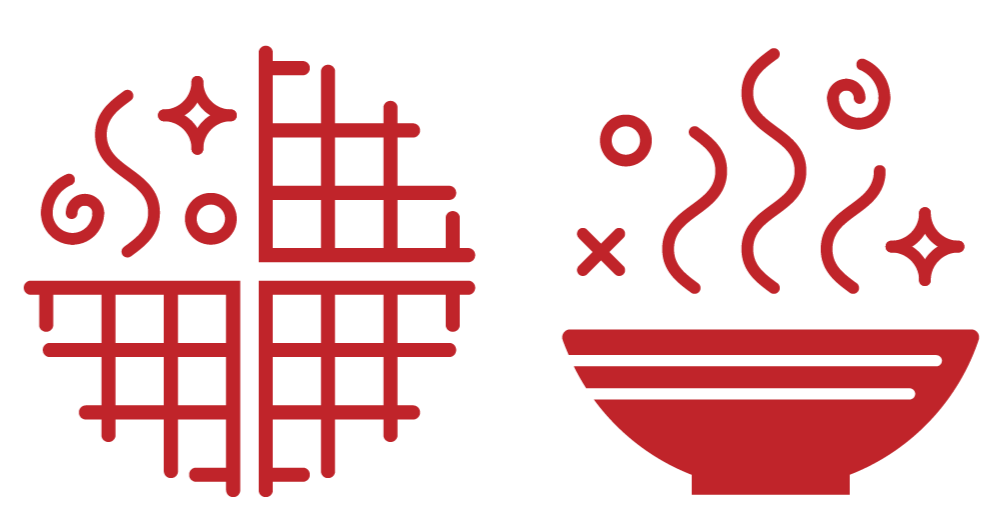Line drawing of a waffle and a steaming bowl of soup or noodles with floating ingredients and decorations.