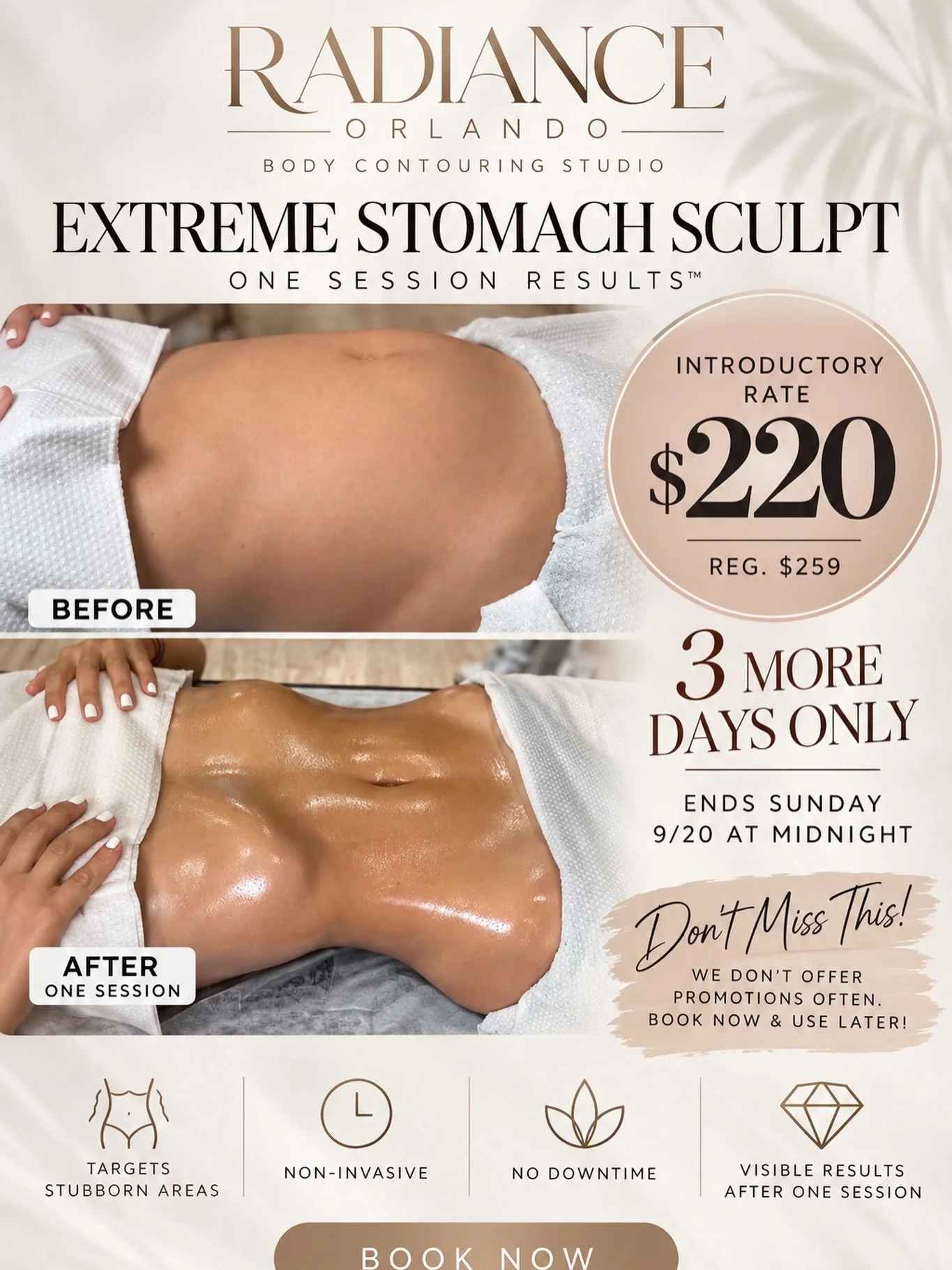 Book now. Come in later. Save $39!! 🤍

Hannah&rsquo;s $220 introductory rate for our Extreme Stomach Sculpt is almost over.

You do NOT need to have your appointment by Sunday &mdash; you simply need to book by midnight Sunday to lock in the $220 ra