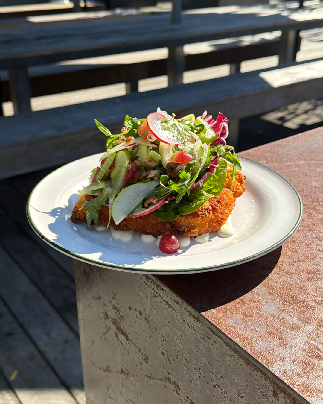 Crumbed chicken schnitzel w. Waldorf salad, pears, grapes & walnuts w. radicchio, celery & sour cream dressing