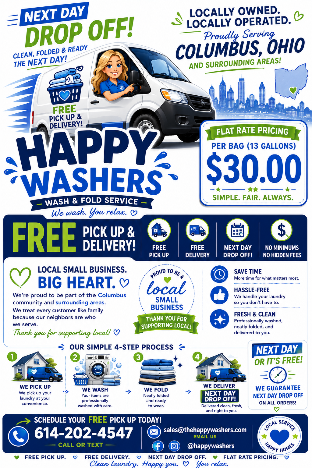 Flyer for Happy Washers car wash service in Columbus, Ohio. Features include free pick-up and delivery, flat rate pricing of $30 per 13-gallon bag, and a four-step process: pickup, wash, fold, and delivery. Highlights include being locally owned, supporting small businesses, and offering next-day drop-off or free service. Contact details and social media icons are also displayed.