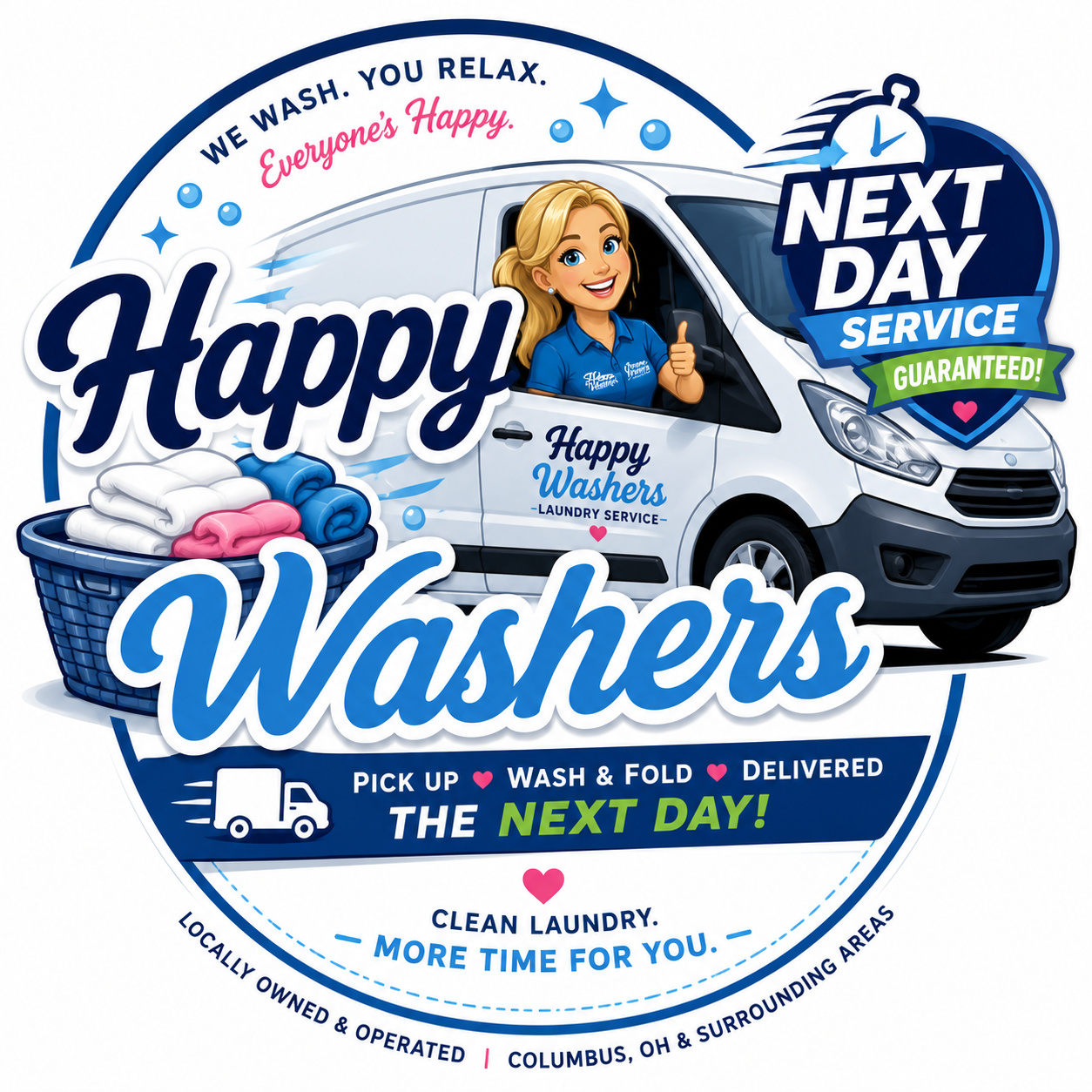 Logo for Happy Washers laundry service with a picture of a van, a smiling woman giving a thumbs-up, laundry basket with folded clothes, and promotional text indicating next day service and quality.