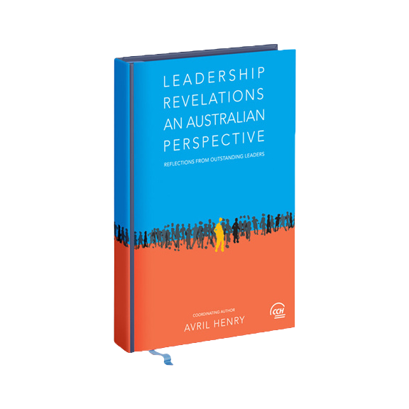 Book titled 'Leadership Revelations: An Australian Perspective' by Avril Henry, featuring a blue and orange cover with silhouettes of people.
