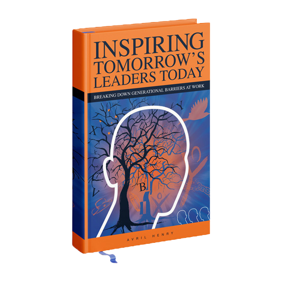Book titled "Inspiring Tomorrow's Leaders Today" by Avril Henry with a cover illustration of a tree and a human head outline, featuring a bird, clouds, and silhouettes of people in the background.