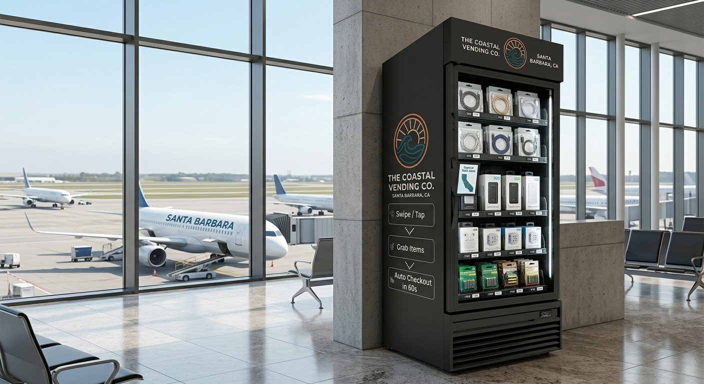Vending machine in an airport terminal with airplanes visible through large windows in the background.