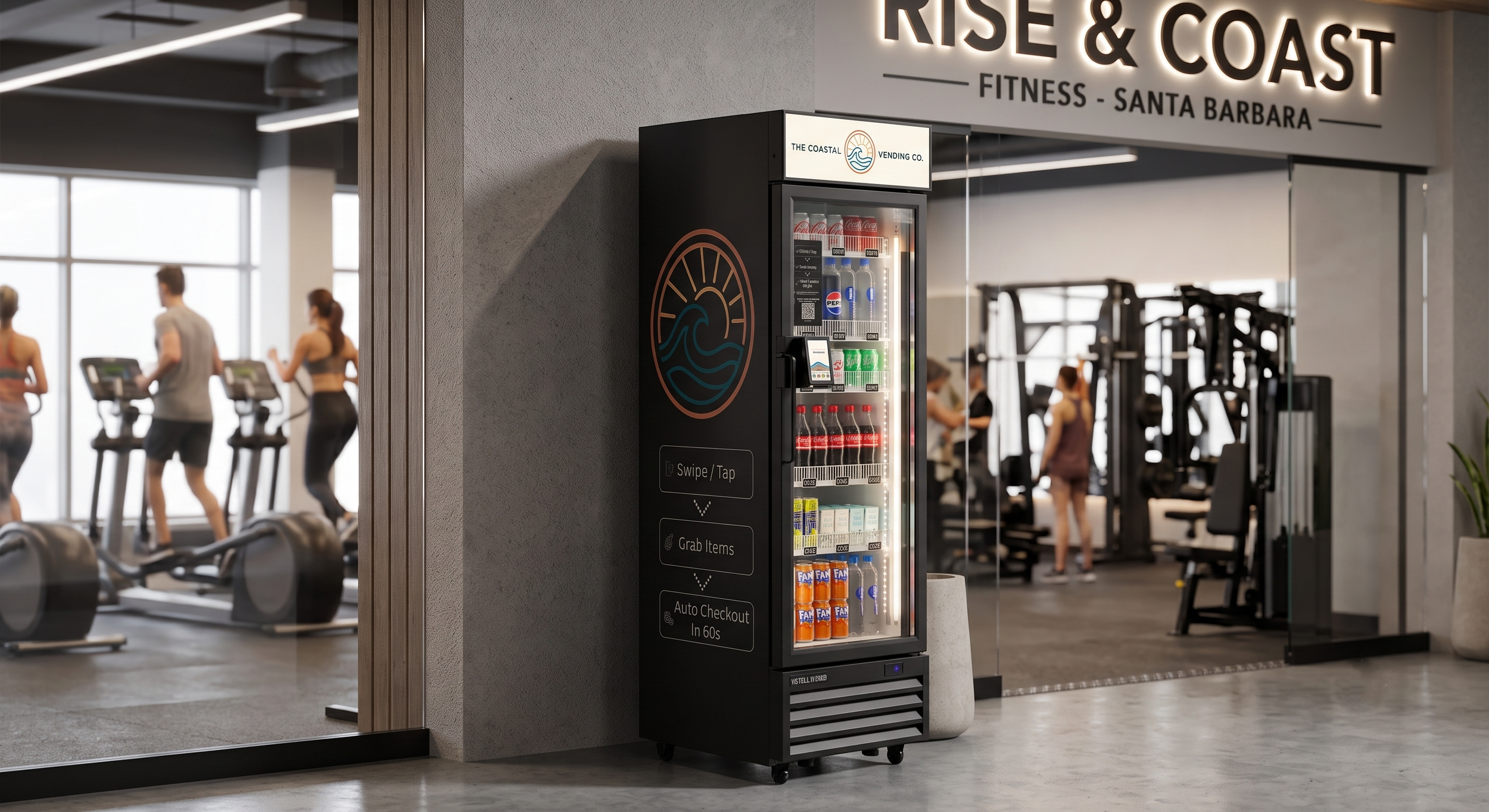 Fitting room area with a vending machine in a gym, people running on treadmills in the background