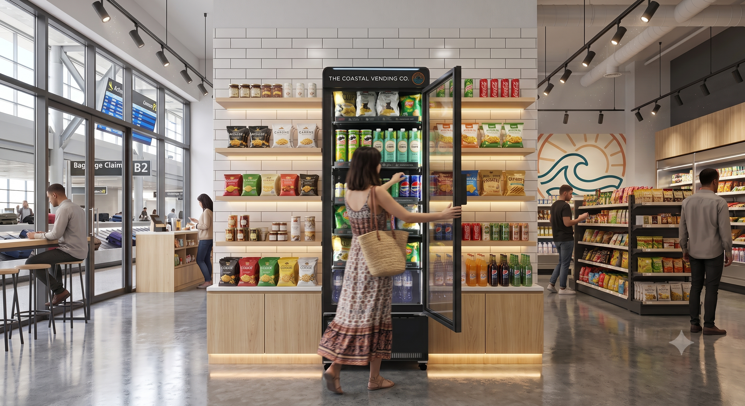 Interior of an airport convenience store with shelves of snacks and beverages, and travelers shopping and sitting at a counter near large windows.