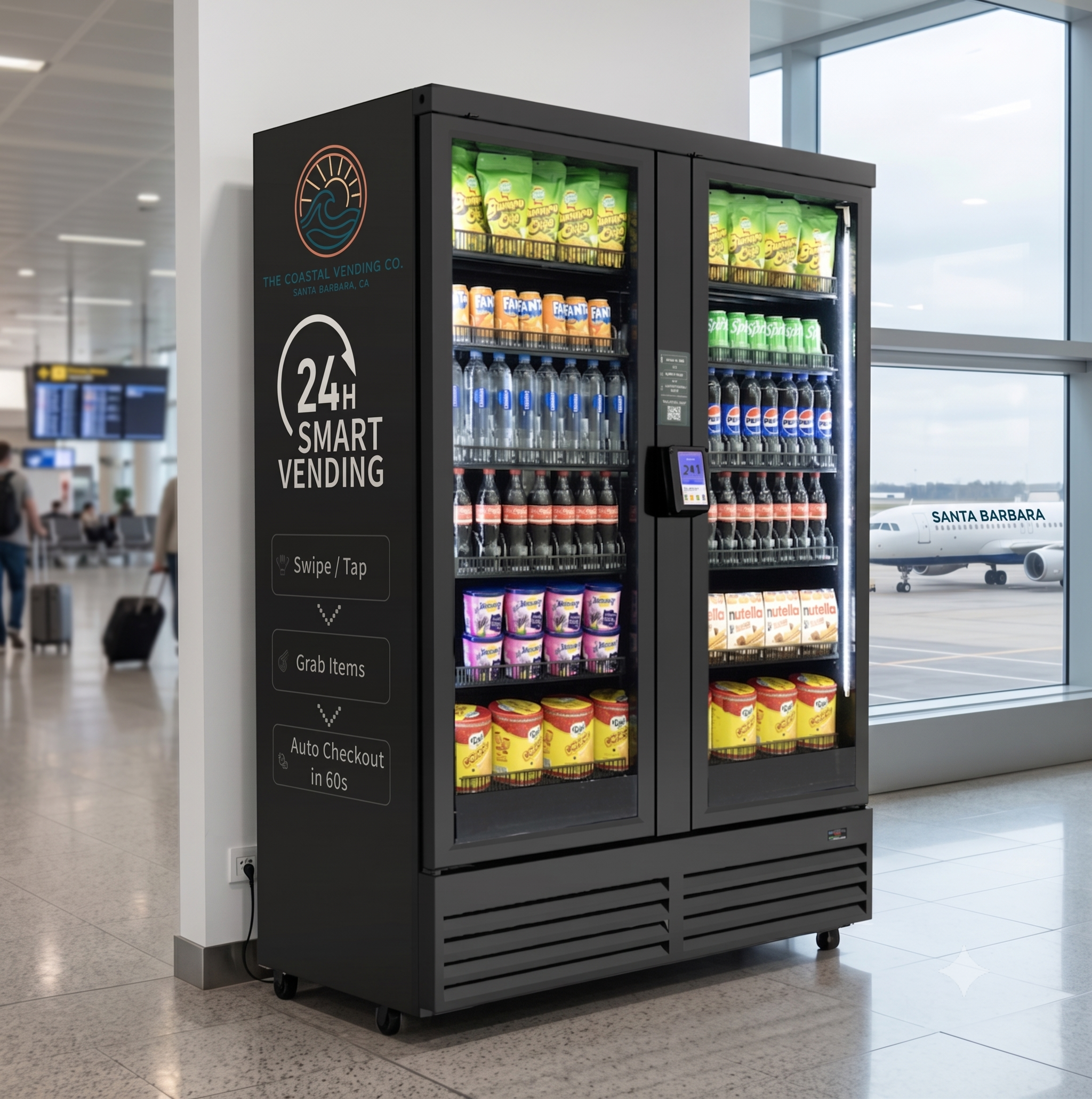 A vending machine at an airport with snacks and beverages, located near a large window with an airplane outside.