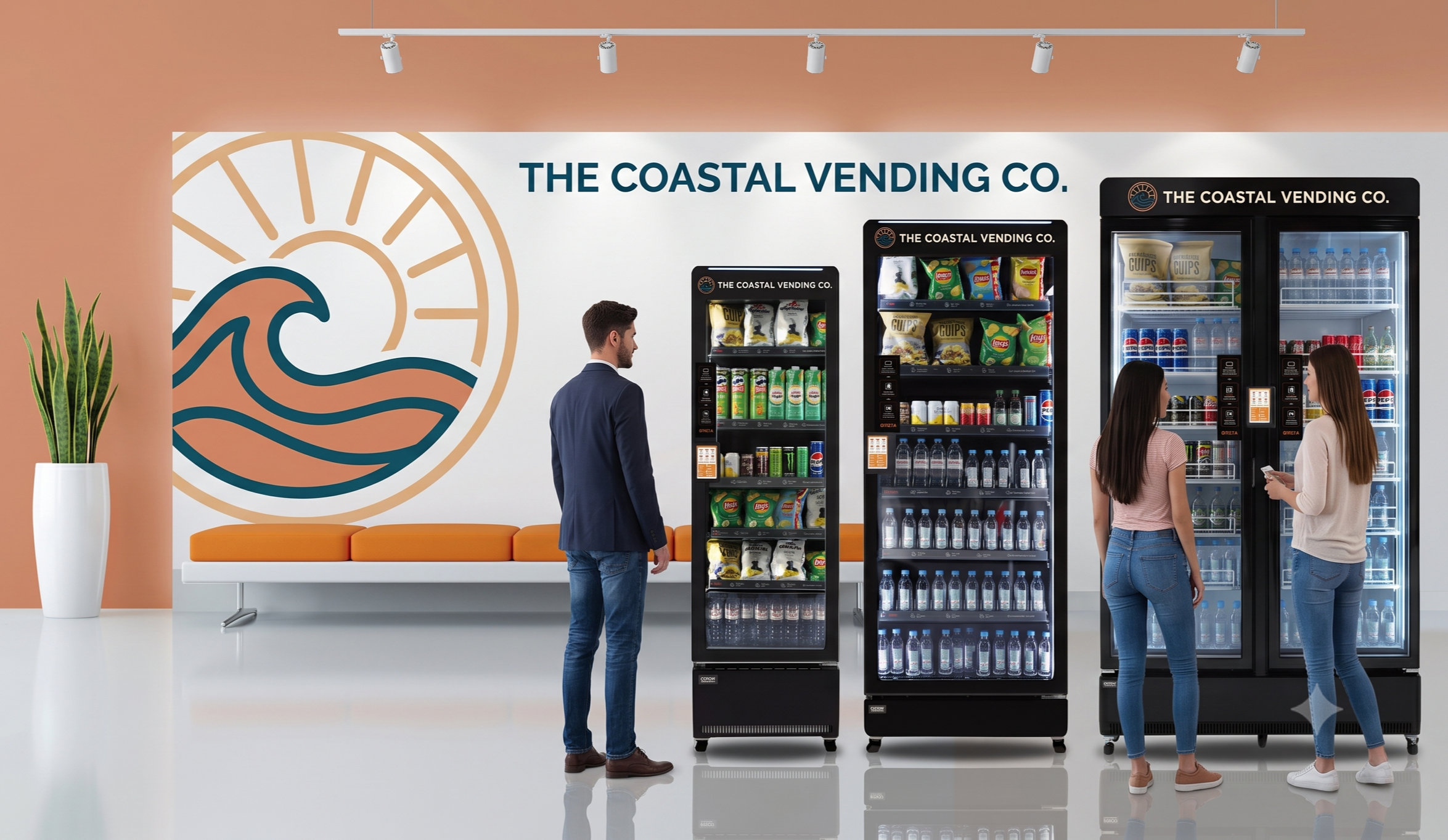 Interior of a modern convenience store with three vending machines. Two women are looking at the vending machines, and a man is standing nearby. There is a large wall mural of a wave and sunrise, a white bench with orange cushions, and a tall white vase with a green plant.