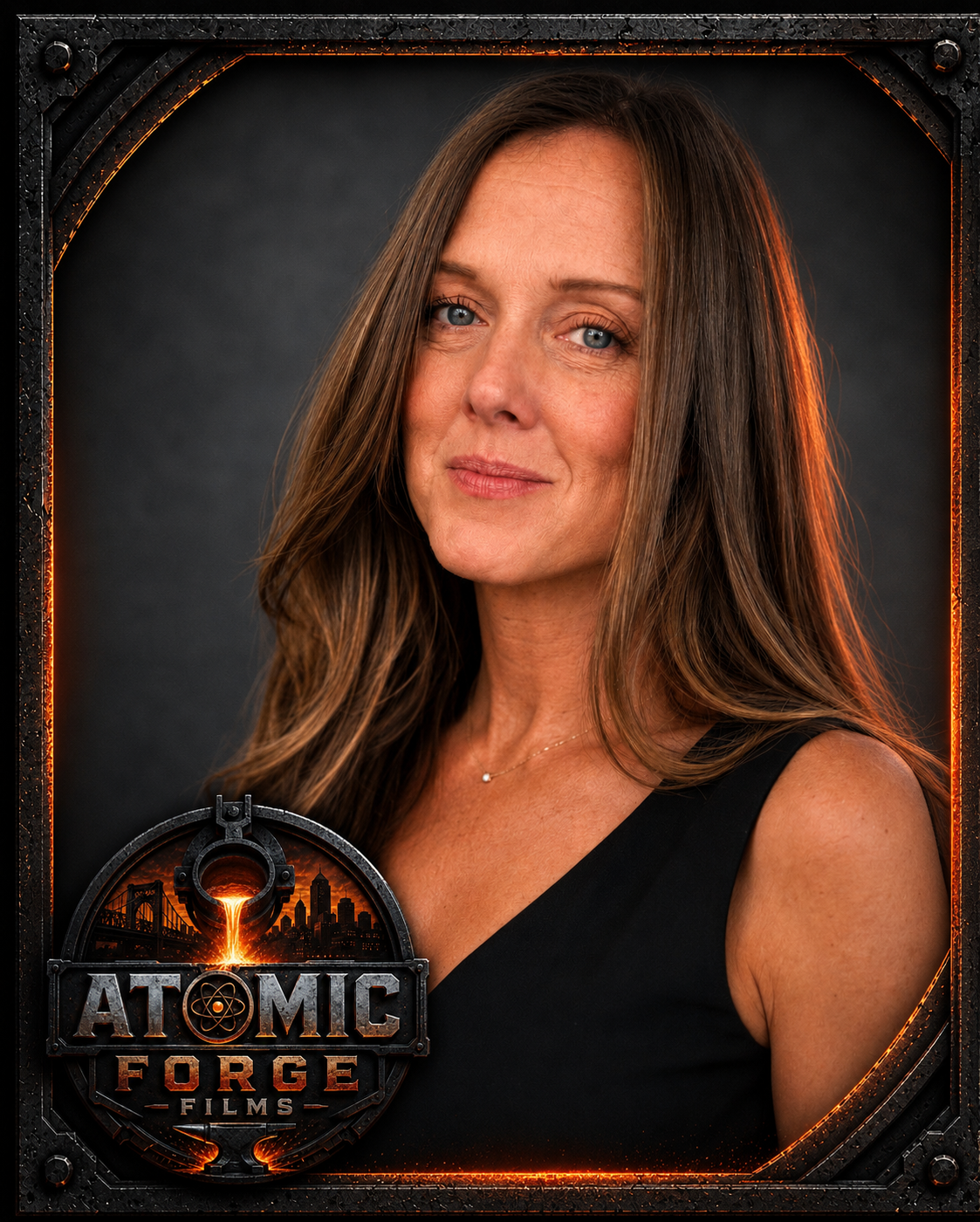 A woman with long brown hair and blue eyes, wearing a sleeveless black top, standing against a dark background.