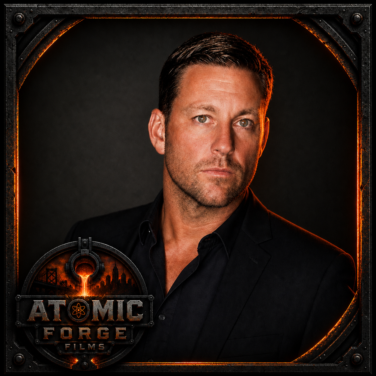 A man with short dark hair, dressed in a black suit, posing against a dark background. There is a logo for 'Atomic Force Films' in the bottom left corner, featuring an orange and black design with a city skyline and atomic symbol.