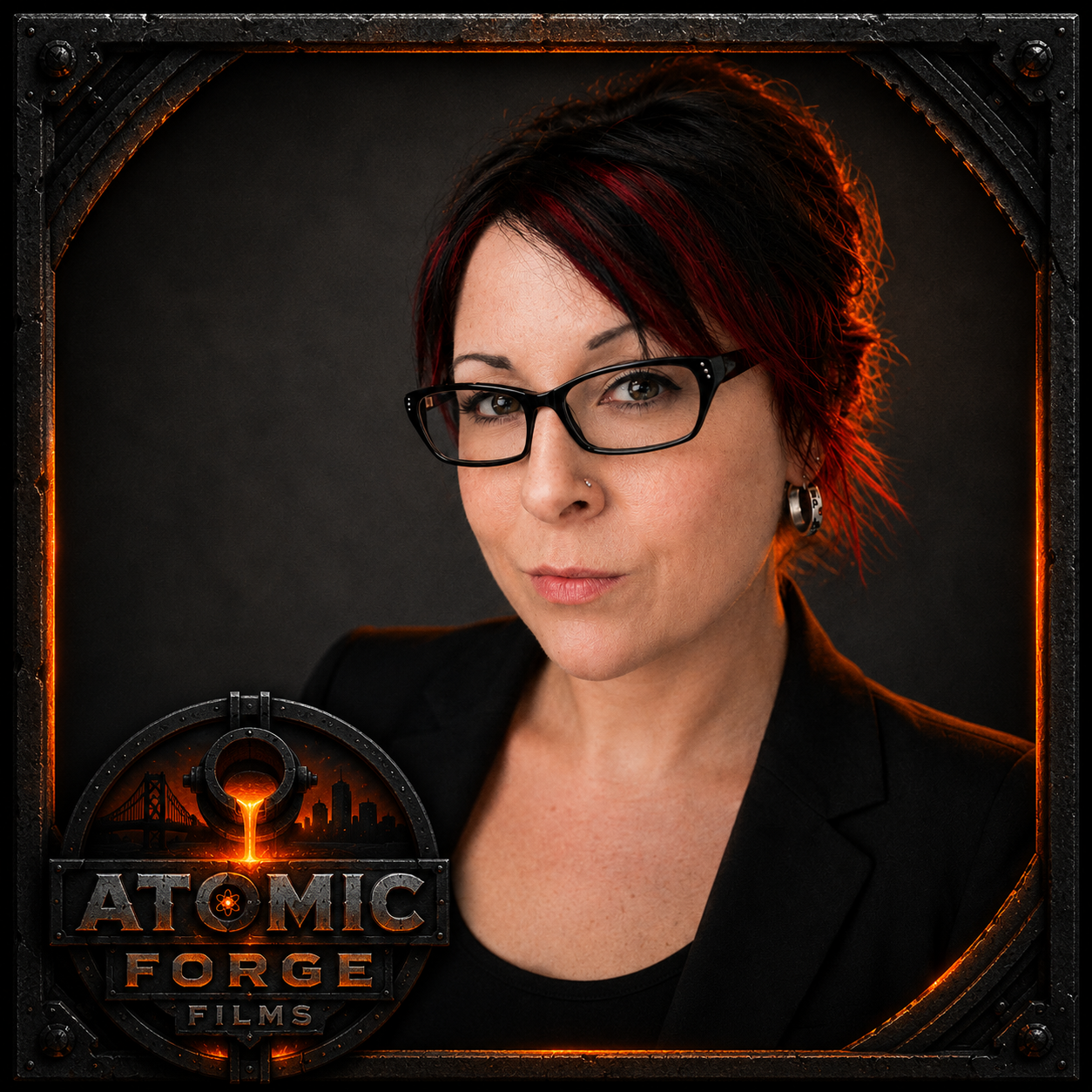 A woman with short black hair with red highlights, wearing glasses, earrings, and a black blazer, against a dark background with a fiery glow behind her. Logo for Atomic Forge Films at the bottom left.
