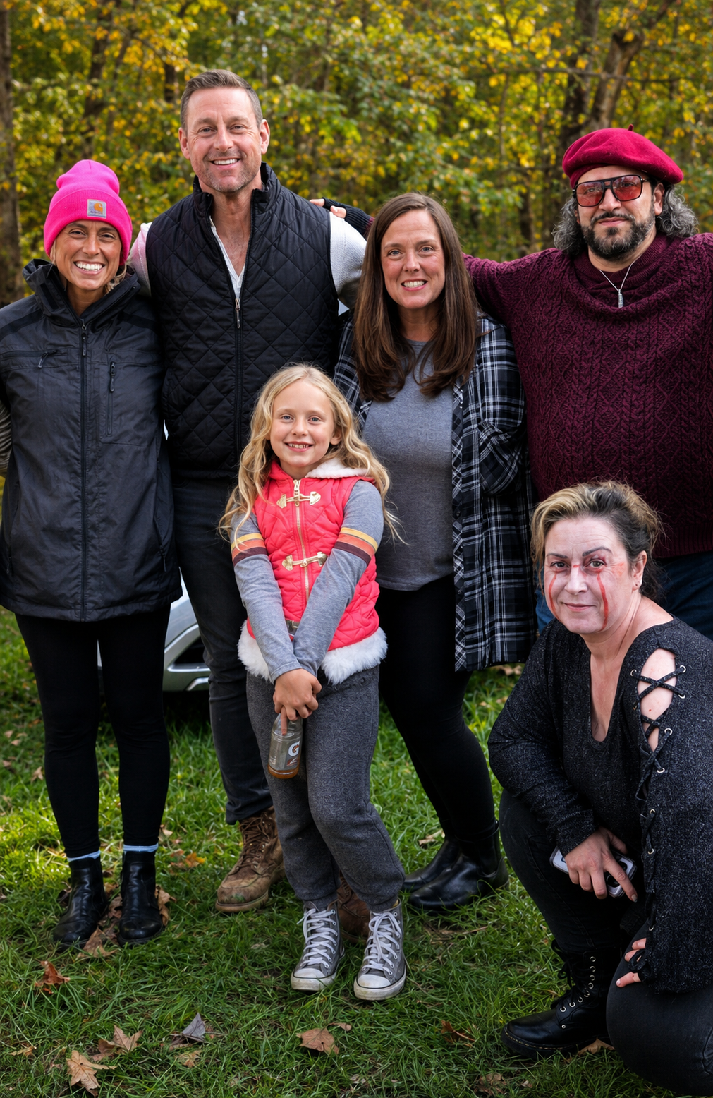 Group of six people outdoors in a park with fallen leaves and green trees in the background. They are smiling and posing for the photo, dressed in casual and autumn clothing.