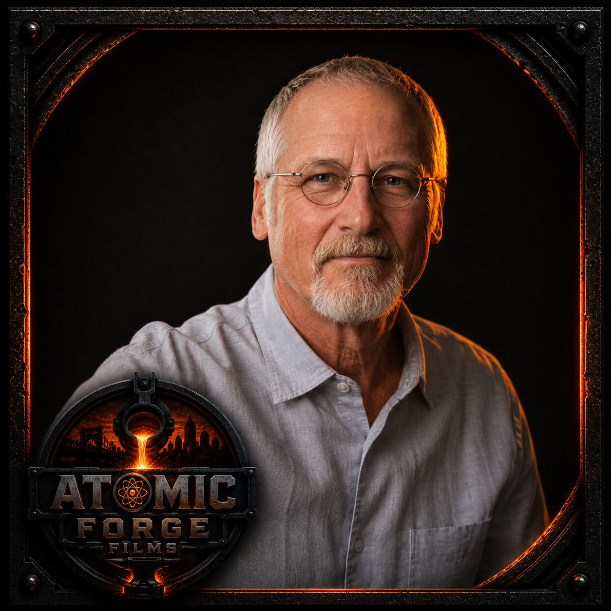 A portrait of an older man with glasses, a beard, and gray hair wearing a light gray shirt against a black background with a