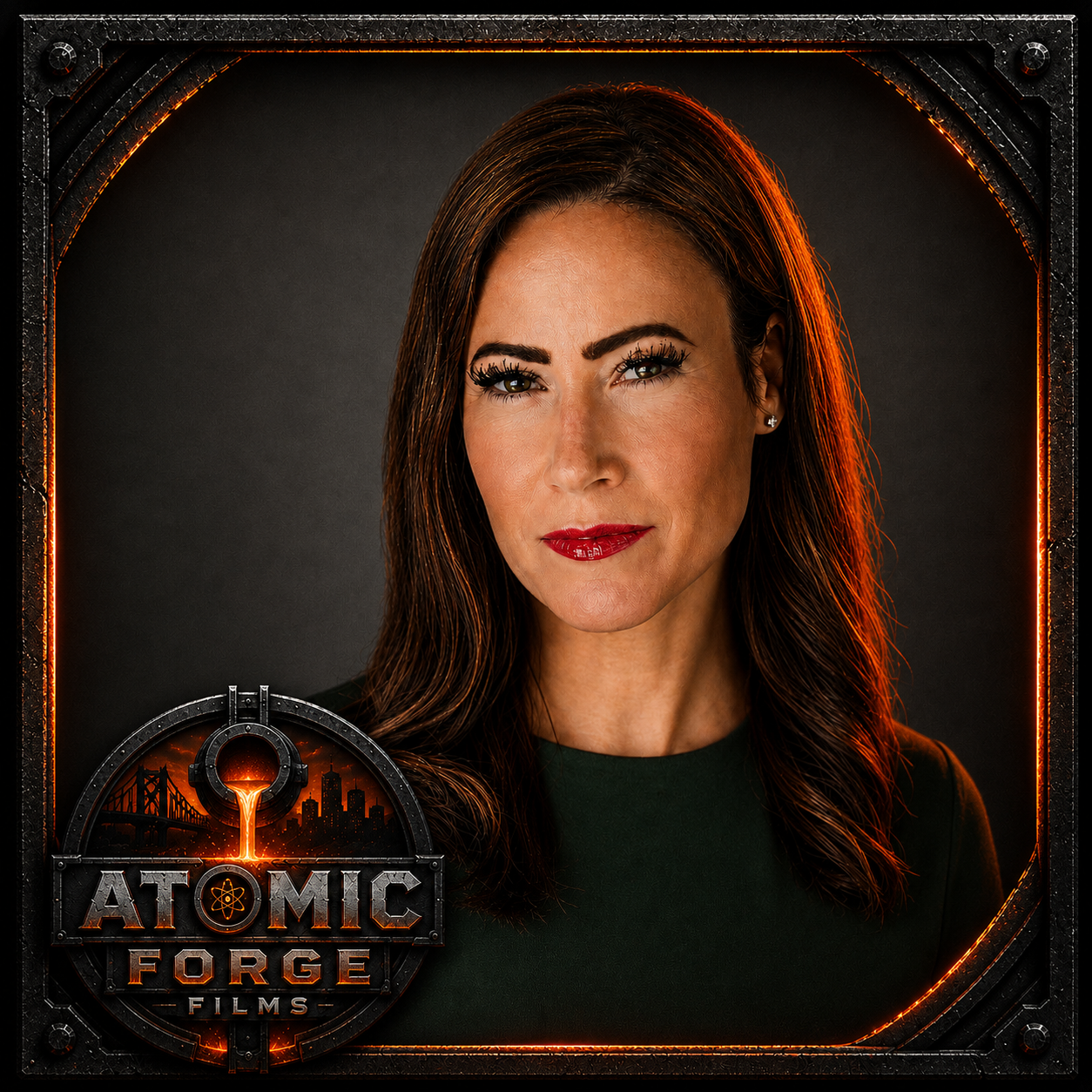 A woman with long brunette hair and red lipstick posing in front of a dark background, with a logo for 'Atomic Forge Films' in the bottom left corner.