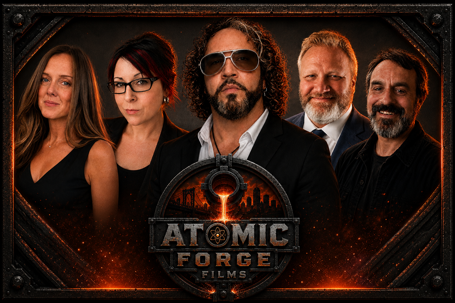 A group of five people, three men and two women, standing with serious expressions, with a dark background. The centerpiece is a logo for 'Atomic Forge Films' featuring a city skyline, a fiery element, and mechanical design details, suggesting a film or media production theme.