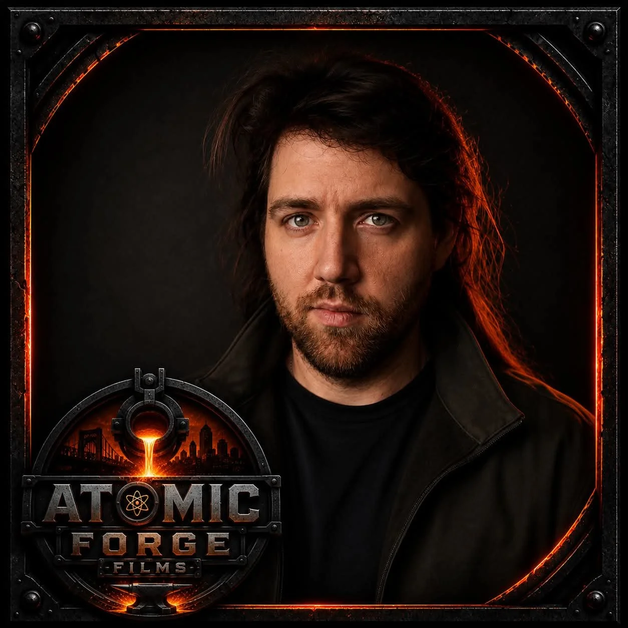 A promotional poster for Atomic Forge Films featuring a man with dark hair and a beard, wearing a black jacket, set against a black background with fiery orange accents and a city skyline.