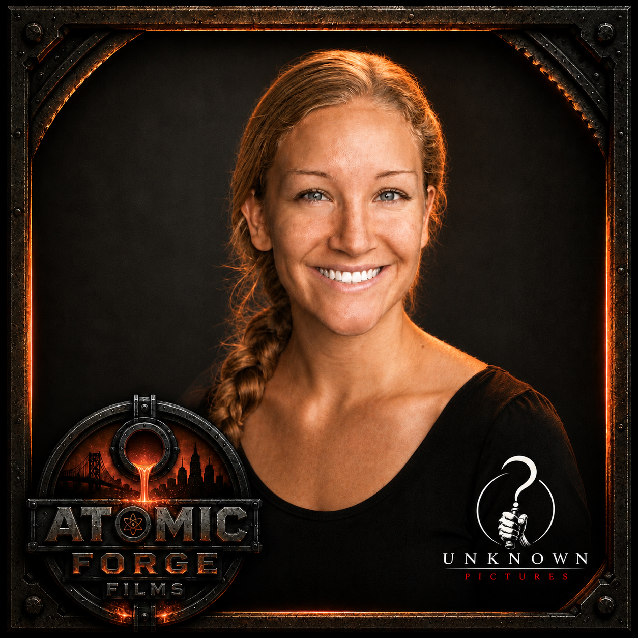A smiling woman with braided blonde hair and blue eyes, wearing a black top, posing against a dark background with a fiery border and the logos of Atomic Forge Films and Unknown Pictures.