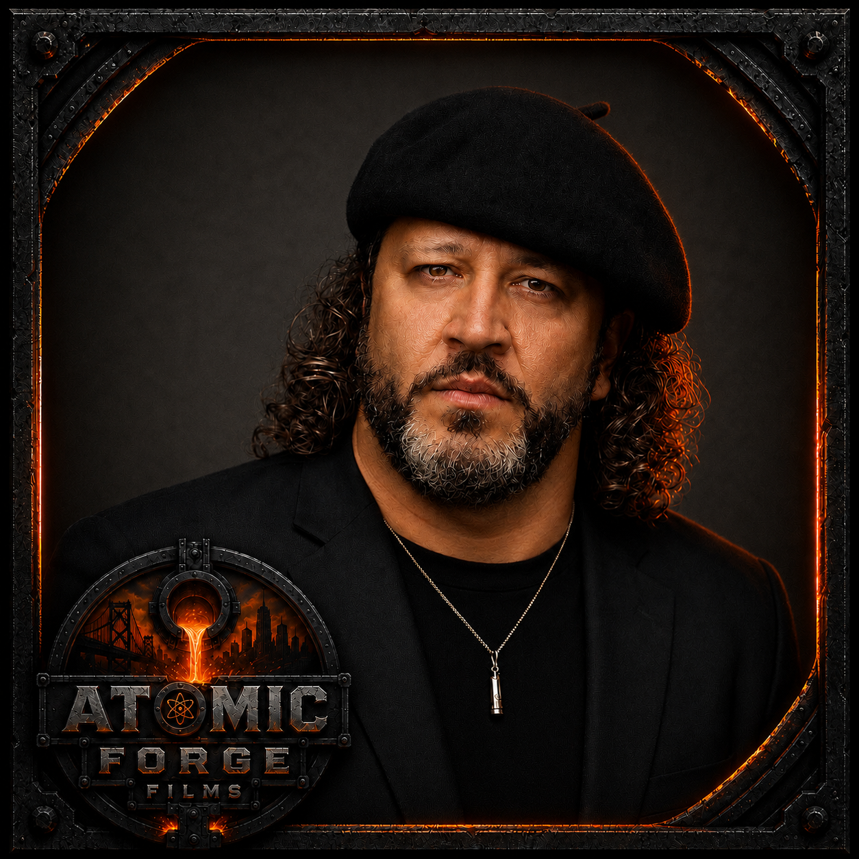 A man with curly hair, a beard, and wearing a black hat, black blazer, and a necklace, posing for a promotional photo for "Atomic Force Films."