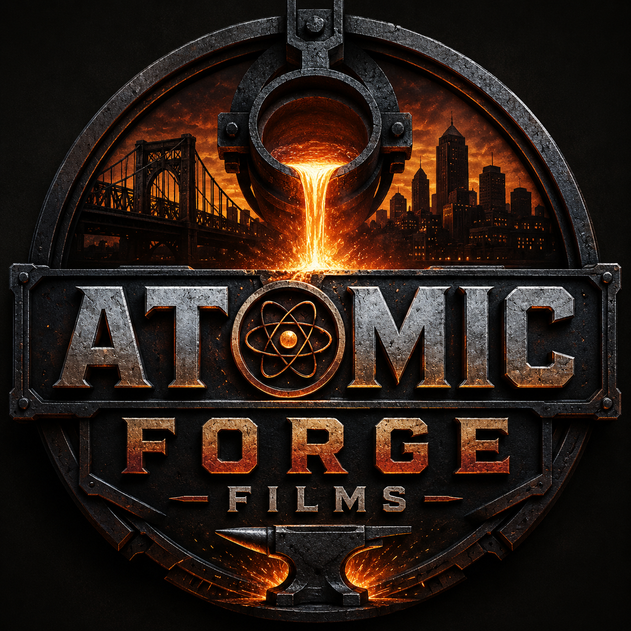 A logo for 'Atomic Force Films' featuring metallic text, with a molten metal pouring into a container against a city skyline with a bridge at sunset, and an atom symbol in place of the letter 'O'.