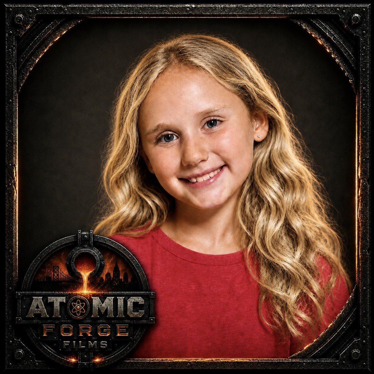 A young girl with curly blonde hair and a red shirt smiling at the camera, with a dark background and a logo for 'Atomic Forge Films' in the lower left corner.