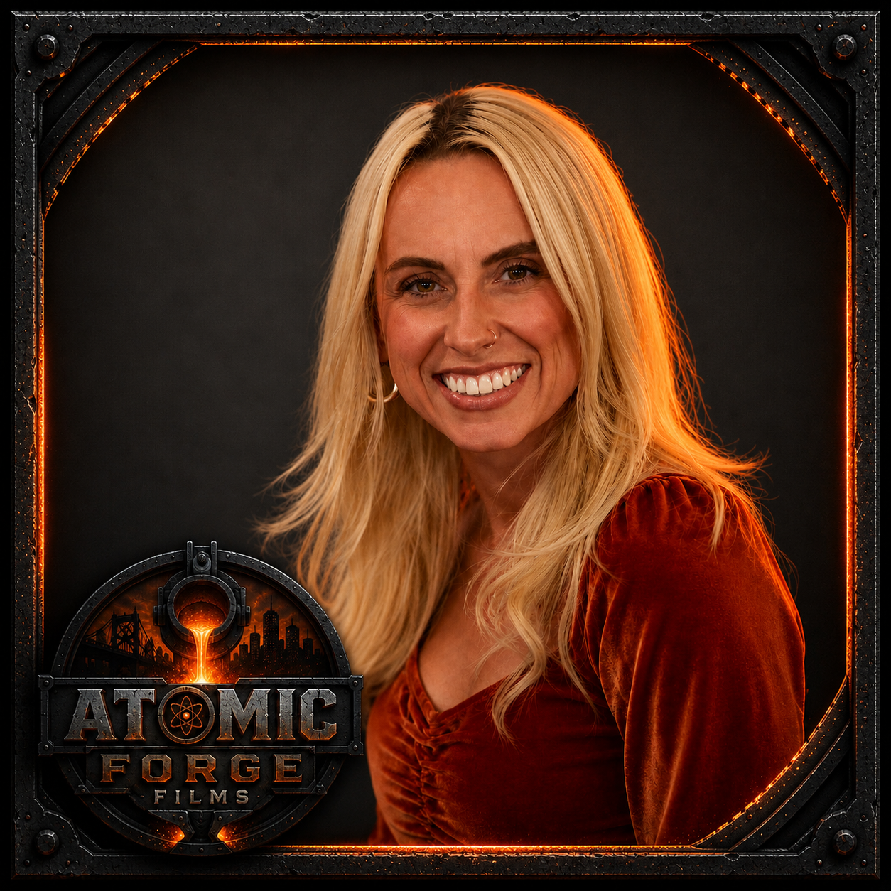 A smiling woman with long blonde hair, wearing a rust-colored top, in front of a dark background with a "Atomic Forge Films" logo in the corner.