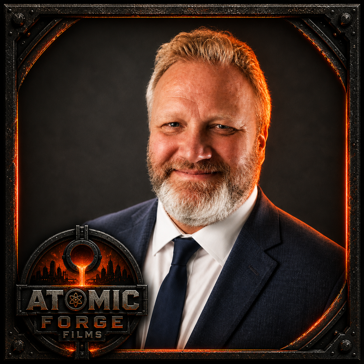 A middle-aged man with a beard and short hair, dressed in a dark suit and tie, smiling against a dark background, framed by a graphic border with an "Atomic Forge Films" logo at the bottom left.