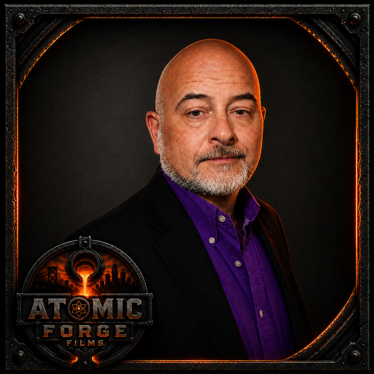 A professional headshot of a middle-aged man with a bald head and a gray beard, wearing a black blazer and a purple shirt, against a dark background with a logo that says 'Atomic Forge Films' in the lower left corner.