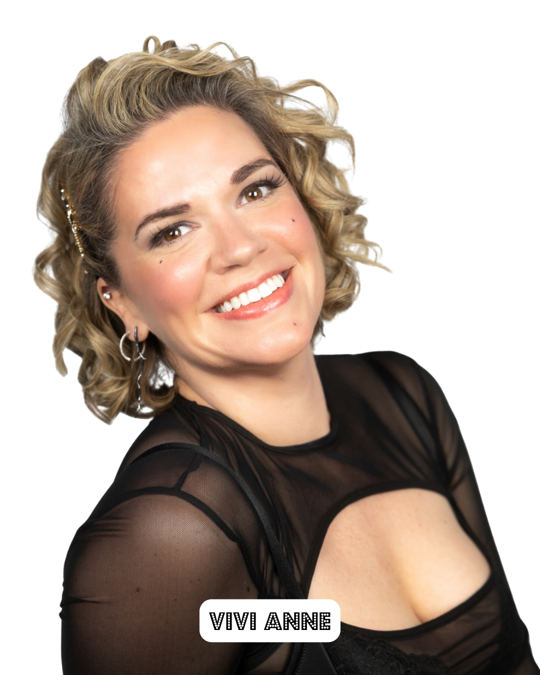 Portrait of a smiling woman with curly blonde hair, wearing a black sheer top and jewelry, against a white background. The text 'VIVI ANNE' appears at the bottom.