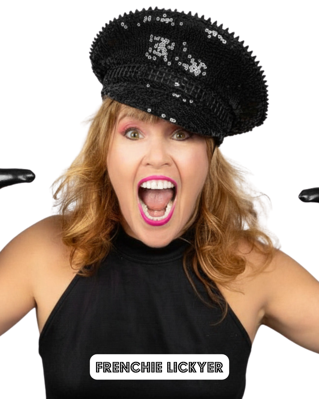 A woman with red hair, pink lipstick, and green eyes, wearing a black top, black gloves, and a stylized black sequin cap. She is shouting or screaming with her mouth open wide, showing her teeth, and appears excited or angry. The background is white. Text at the bottom reads "FRENCHIE LICKYER."