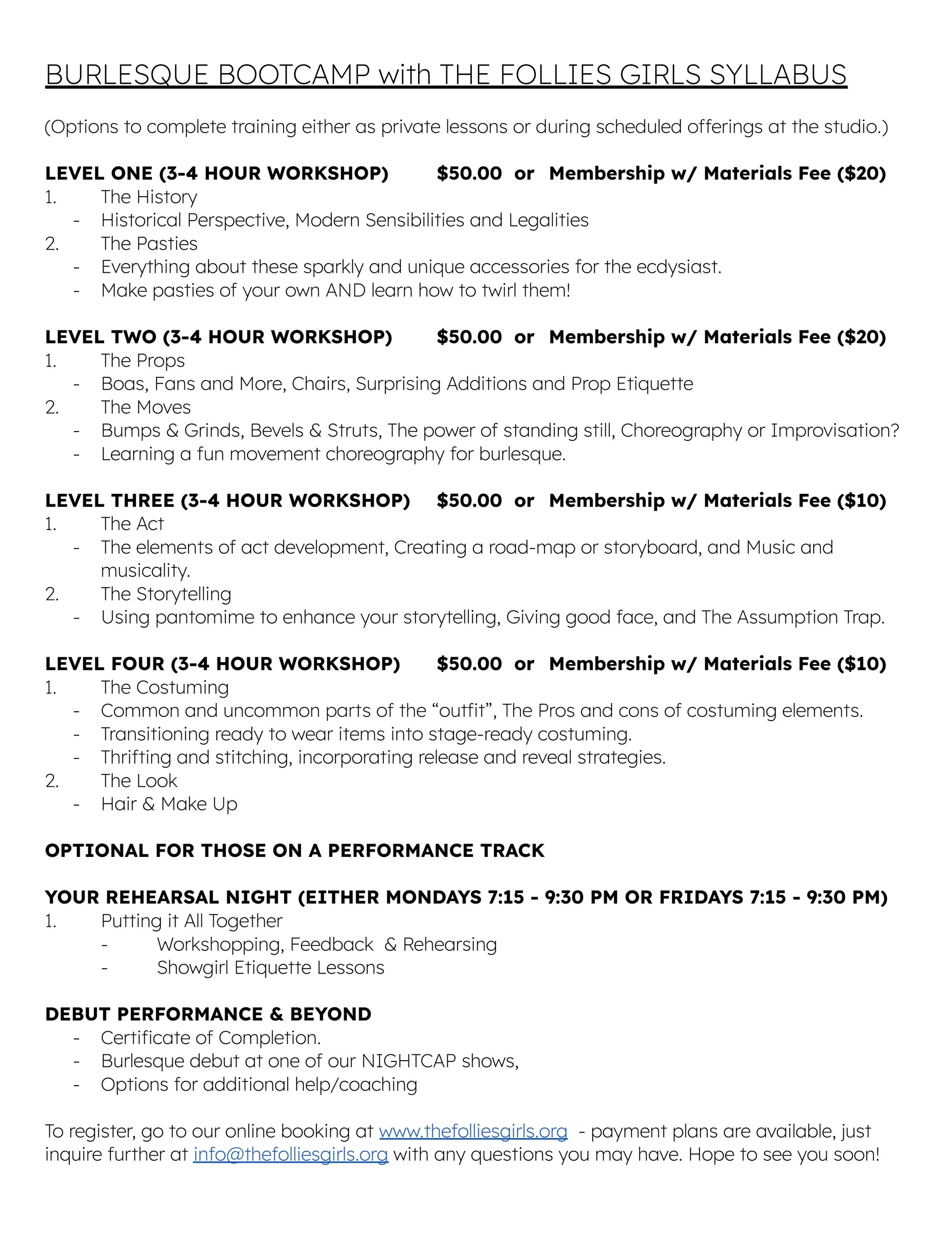 A flyer advertising burlesque bootcamp with The Follies Girls, listing different workshop levels, themes, dates, and registration information.
