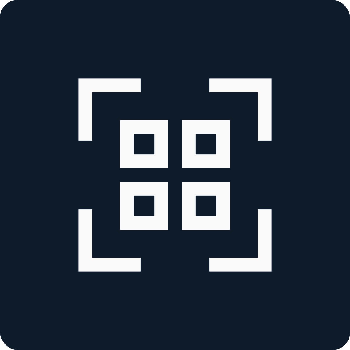 A stylized, geometric face made of white lines on a dark background, resembling a digital or pixel art face with four square eyes and a square nose.