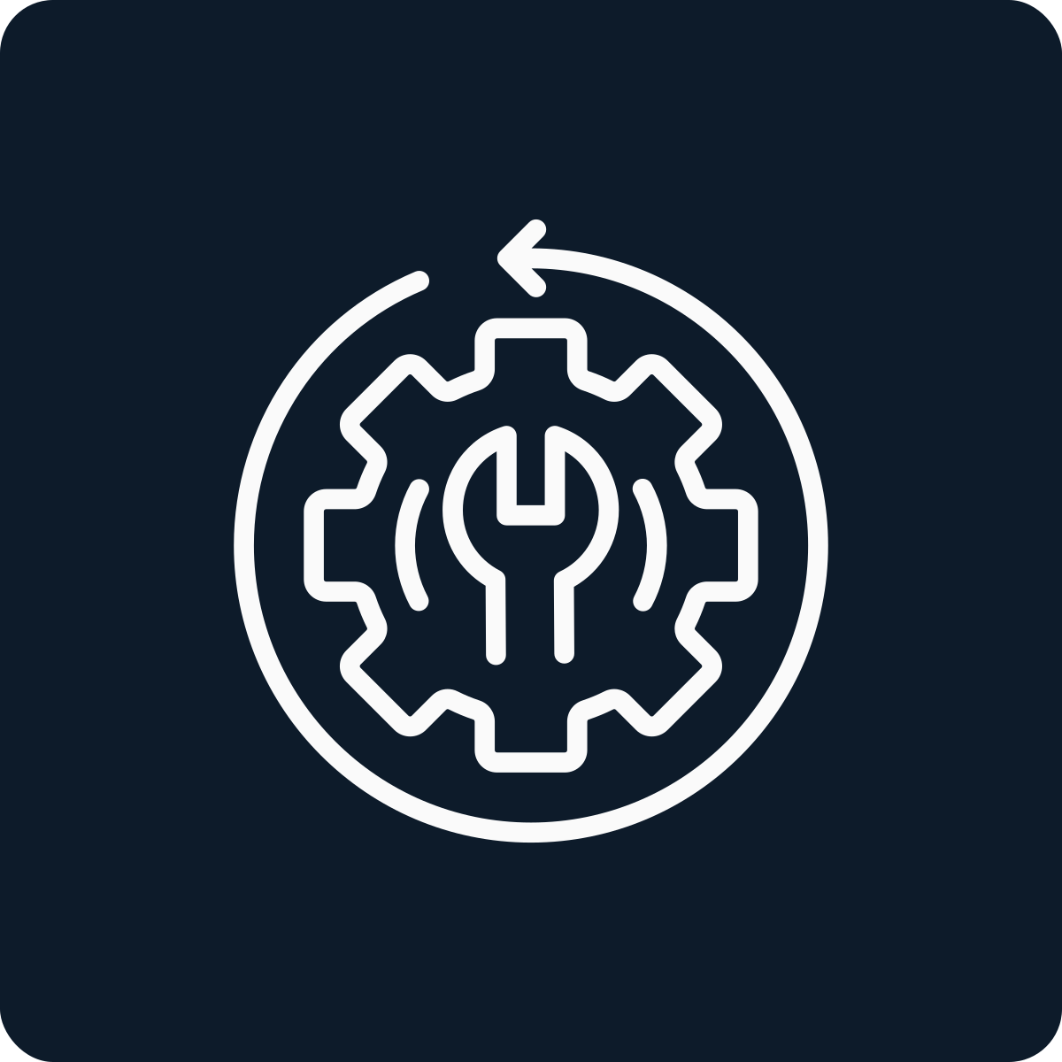 Icon of a gear with a wrench inside, surrounded by a circular arrow, representing settings or maintenance.