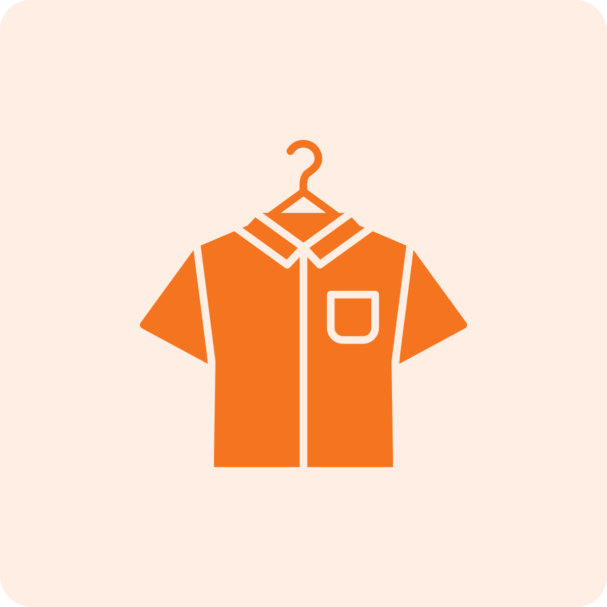Illustration of an orange short-sleeved shirt hanging on a hanger.