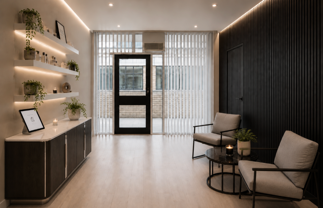 Modern minimal living room with white and black walls, two beige armchairs, a black round coffee table, decorative plants, shelves, and large window with vertical blinds.
